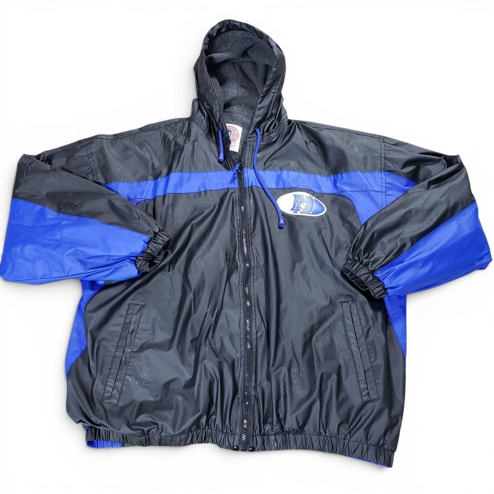 VTG Duke Blue Devils Jacket Men XL‎ Black Heavy PVC Fleece Lined Hooded Raincoat